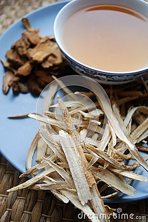 Bowl of brewed chinese herbs with dried assorted roots aside. Stock Photo