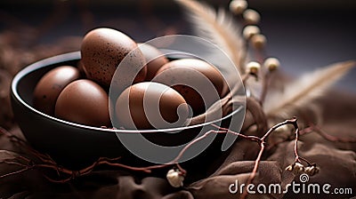 A bowl of brown eggs in a dark setting on top of some leaves, AI Stock Photo
