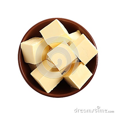 Bowl with butter cubes on white background Stock Photo