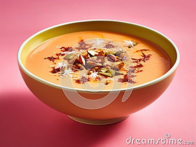 Bowl of carrot soup on a pink background Stock Photo