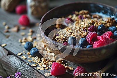 a bowl of cereal, granola, berries and chia seeds Stock Photo