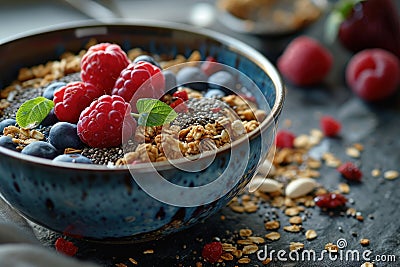 a bowl of cereal, granola, berries and chia seeds Stock Photo