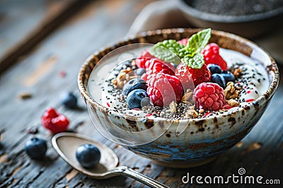 a bowl of cereal, granola, berries and chia seeds Stock Photo