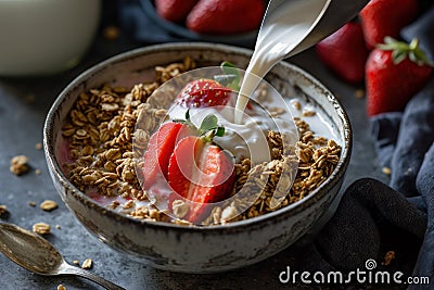 a bowl of cereal, granola, berries and chia seeds Stock Photo