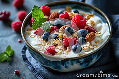 a bowl of cereal, granola, berries and chia seeds Stock Photo