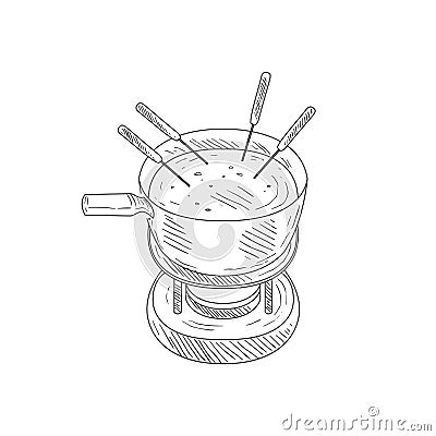 Bowl With Cheese Fondue Hand Drawn Realistic Sketch Vector Illustration