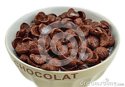 Bowl of chocolate flakes, cereals Stock Photo