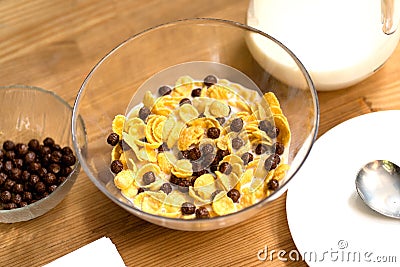 Bowl Of Corn Flakes With Cereal And Milk Stock Photo