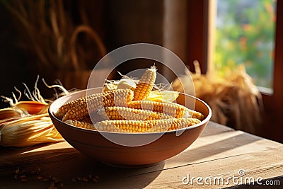 Bowl corn seed with corn cobs food. Generate Ai Stock Photo