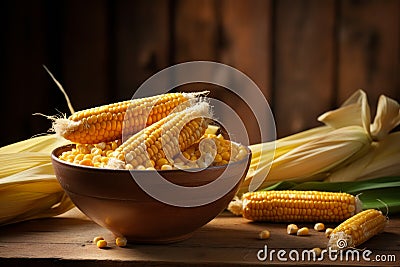 Bowl corn seed with corn cobs on table. Generate Ai Stock Photo