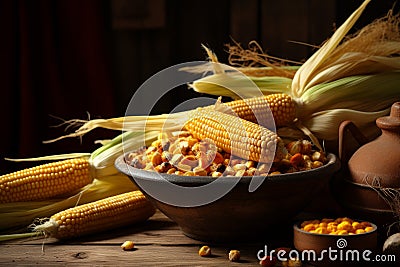 Bowl corn seed food with corn cobs. Generate Ai Stock Photo