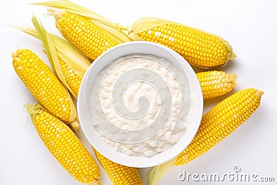 Bowl of corn starch and ripe cobs on white background. Generate Ai Stock Photo