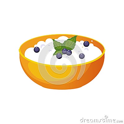 Bowl Of Cottage Cheese With Blueberry, Milk Based Product Isolated Icon Vector Illustration