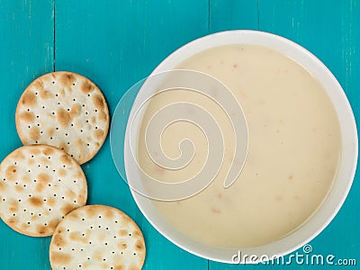 Bowl of Cream of Chicken Soup With Water Biscuit Crackers Stock Photo