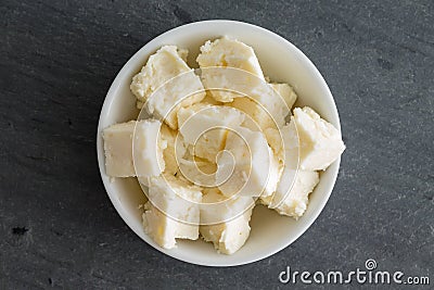 Bowl of creamy crumbly traditional Feta cheese Stock Photo