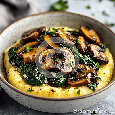 Bowl of Creamy Polenta Topped with Sauteed Mushrooms and Spinach Stock Photo