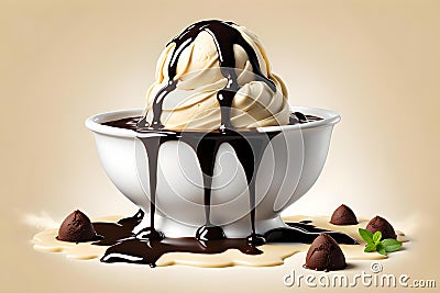 Bowl of creamy and rich vanilla ice cream with chocolate sauce Stock Photo