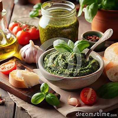 bowl of delicious italian basil pesto Stock Photo