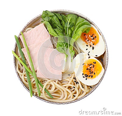 Bowl of delicious ramen with meat isolated on white, top view. Noodle soup Stock Photo