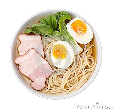 Bowl of delicious ramen with meat isolated on white, top view. Noodle soup Stock Photo