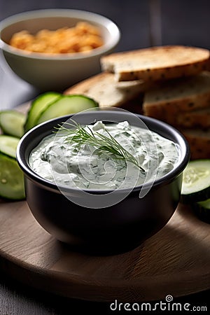 a bowl of dip with cucumbers and slices of bread Stock Photo