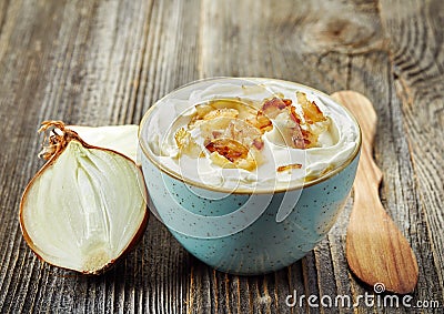 Bowl of dip sauce with caramelized onions Stock Photo