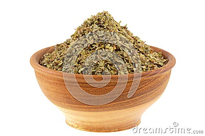 A bowl of dried aromatic herb : Sweet Marjoram Stock Photo