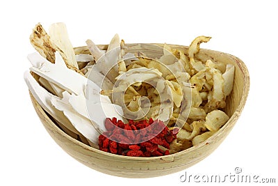 A bowl of Dried Chinese herb, to make soup Stock Photo