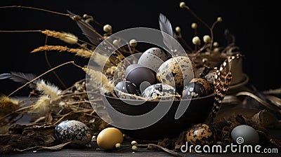 A bowl of eggs and feathers on a table with some twigs, AI Stock Photo