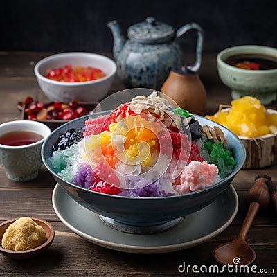 Colorful bowl of Ice Kachang with sweet treats Stock Photo