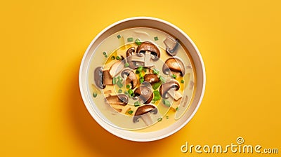 Stylish Asian-inspired Mushroom Soup On Yellow Background Stock Photo