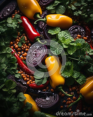 a bowl filled with peppers onions and other vegetables Stock Photo