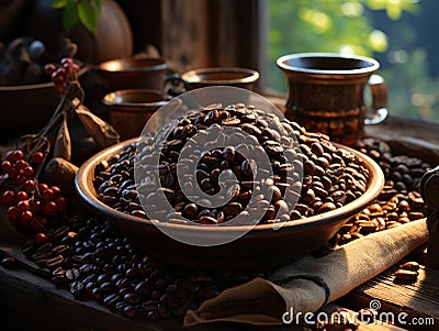 roasted coffee beans in a bowl with freshly picked coffee bean plants in the background Stock Photo