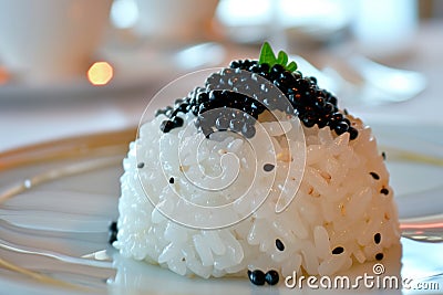 Bowl filled with steaming rice and other food. Japanese style served rice with furikake and caviar Stock Photo