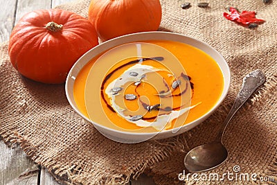 Bowl of fresh homemade pumpkin soup Stock Photo