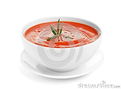 Bowl with fresh homemade tomato soup on white Stock Photo