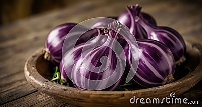 A bowl of fresh purple onions, ready to be used in your next culinary masterpiece Stock Photo