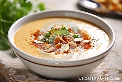 A bowl of fresh soup with broccoli and spicy chickpeas and grey kitchen towel Stock Photo