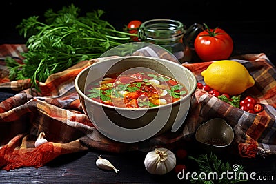 Bowl with fresh vegetable soup with vegan spices. Generate Ai Stock Photo