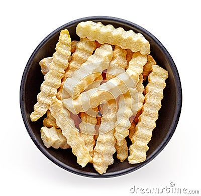 Bowl of frozen french fries isolated on white, from above Stock Photo