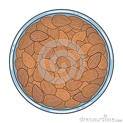 Bowl full of almond nuts, top view. Vector illustration. Vector Illustration