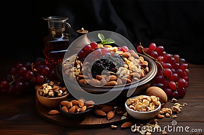 A bowl full of different types of nuts with a jar of wine and red wine grapes on a wooden table Stock Photo