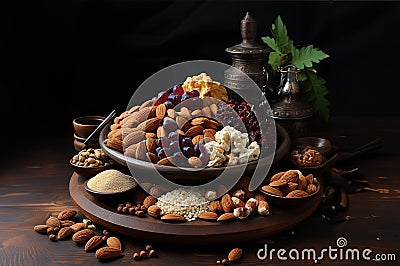 A bowl full of different types of nuts with red wine grapes on a wooden table Stock Photo