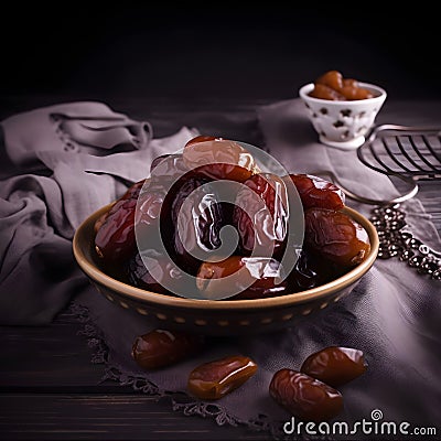 A bowl full of dried dates, a perfect snack full of sweet and sticky flavor. Stock Photo