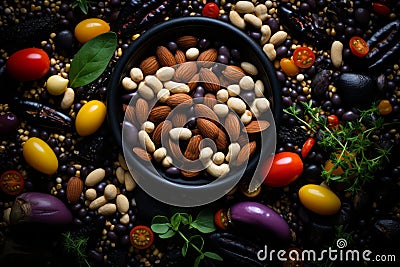 a bowl full of nuts beans and vegetables Stock Photo