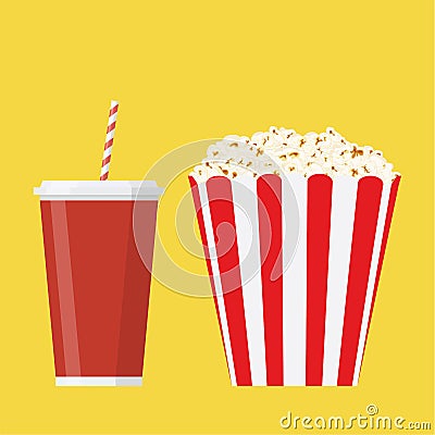 Bowl full of popcorn and glass of drink. Vector Illustration