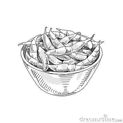 Bowl full of soybean pods, retro hand drawn vector illustration. Vector Illustration