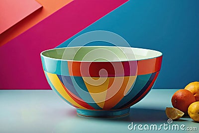 Bowl with Geometric Background: A colorful bowl positioned against a backdrop featuring geometric shapes or patterns in Stock Photo