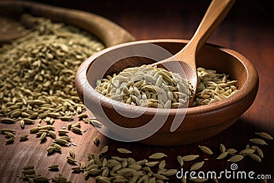 Bowl with grains cardamom detail of wooden spoon Stock Photo