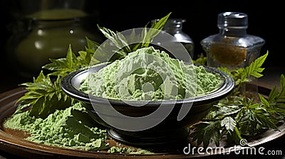 A Bowl Of Green Powder. Generative AI. Stock Photo